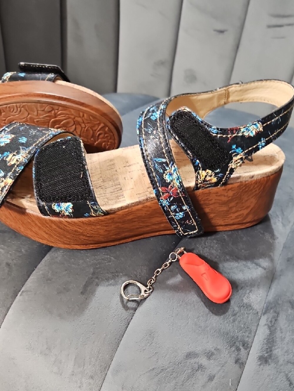 Alegria Black Floral Platform Sandals with Wood-Look Sole - Picture 4 of 5